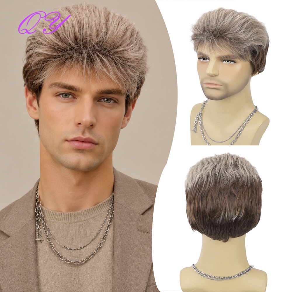 Synthetic Wigs - Peruca Sintética Curta Marrom Flaxen Masculina