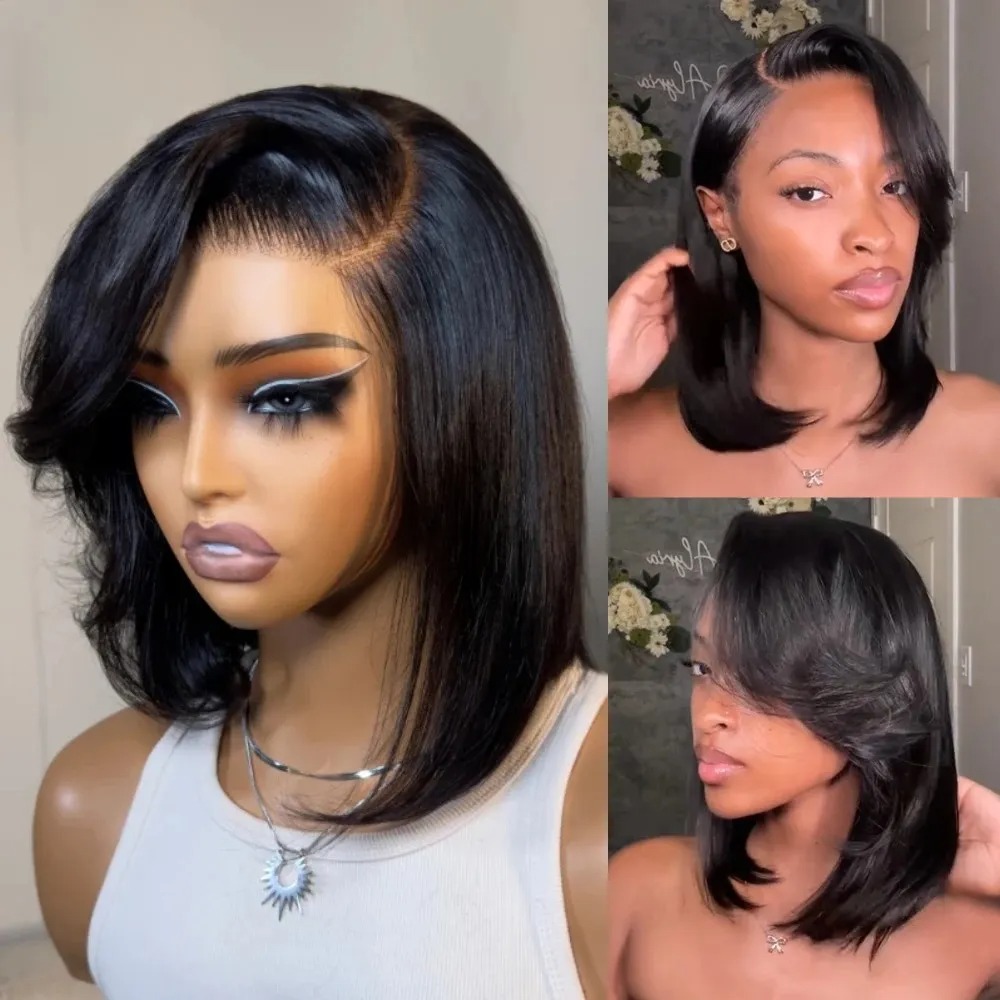 Pre Parted 13X4 Lace Front Bob Wig - Peruca Curta Lisa Preta com Franja