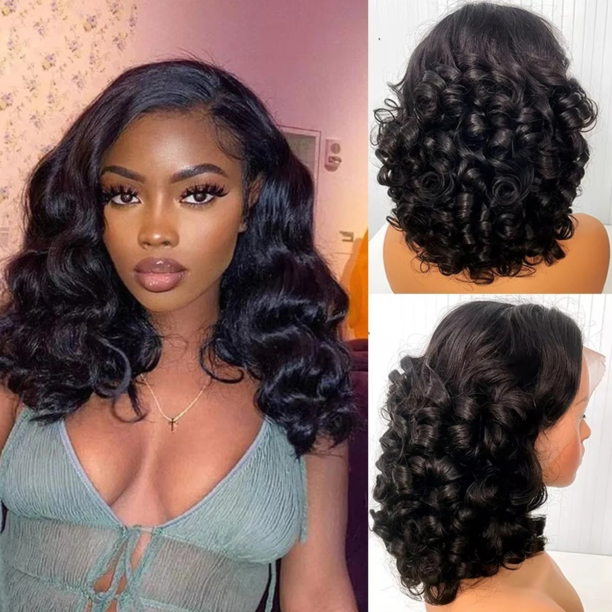 Peruca Sintética Preta Curta B - Pre Parted 13X4 Lace Front Bob Wig avaliação e preço